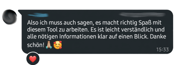 Testimonial: Macht Spaß, leicht verständlich, alle Infos auf einen Blick