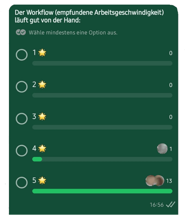 Umfrage: Workflow - 13x 5 Sterne, 1x 4 Sterne